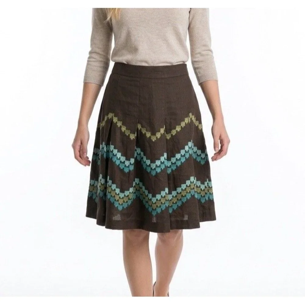 Ann Taylor LOFT Women Brown Linen Pleat Skirt Embroidered Pattern Size 2P Linen
